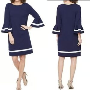 R&K Navy And White Elegant Nautical 3/4 Bell Sleeve Sheath Dress Sz 16 NEW